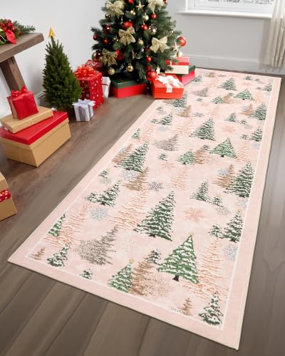 Christmas Runner Rug Pink 2ft x 6ft Washable Hallway Area Rug - Festive Non Slip Mat