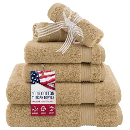 X Large 6 Piece Towel Set - Turkish Cotton Bathroom Towels in Beige