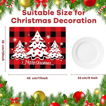 Christmas Placemats Set of 6 Red and Black Plaid Plastic Table Mats - Holiday Table Decor