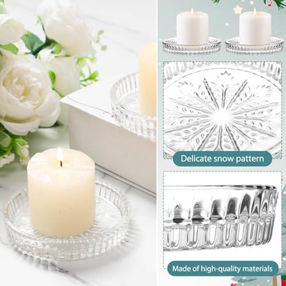 12 Pcs Snowflake Glass Candle Holders - 3.74 Inch Clear Winter Candle Plates for Holiday Decor