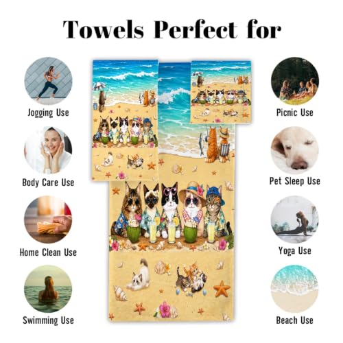 Cat Beach Towel Set - 3 Piece Summer Cat Bath Towels with Ocean Theme - Miaow Variation
