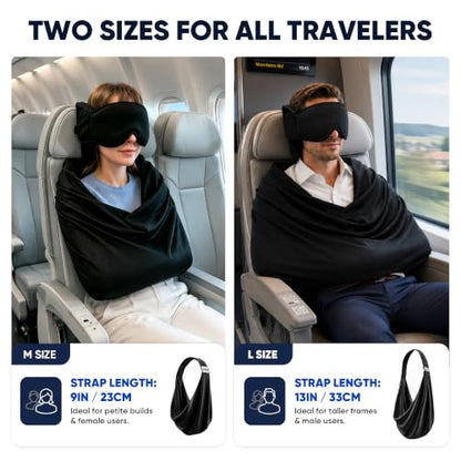 Travel Pillow with Eye Mask and Neck Support - M Size, Black, 3-in-1 Sleep Set