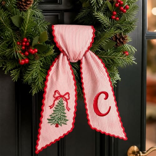 Christmas Wreath Sash for Front Door Red White Striped Fabric Bow with Printed Tree & Letter - Variation C