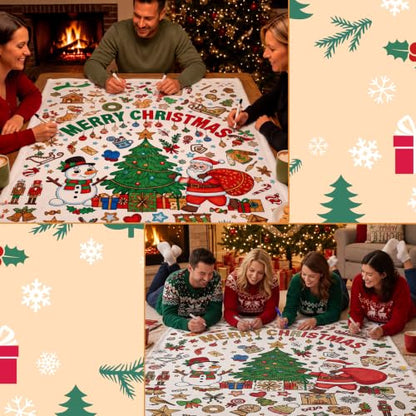 Christmas DIY Coloring Blanket Set for Adults & Kids - Cozy Washable Throw with Markers