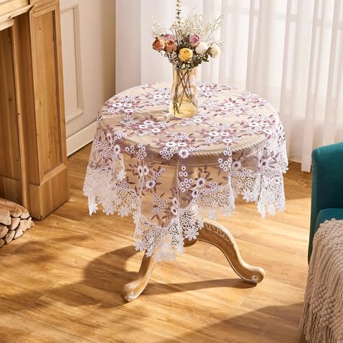 Dark Red Embroidered Floral Lace Tablecloth 33x33 Square with White & Red Variation