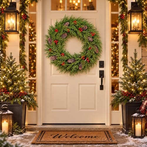 24 Inch Cedar Christmas Wreath with Red Berries & Snow-Frosted Pine Cones - Indoor Outdoor Holiday Decor