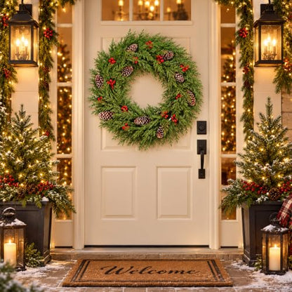 24 Inch Cedar Christmas Wreath with Red Berries & Snow-Frosted Pine Cones - Indoor Outdoor Holiday Decor