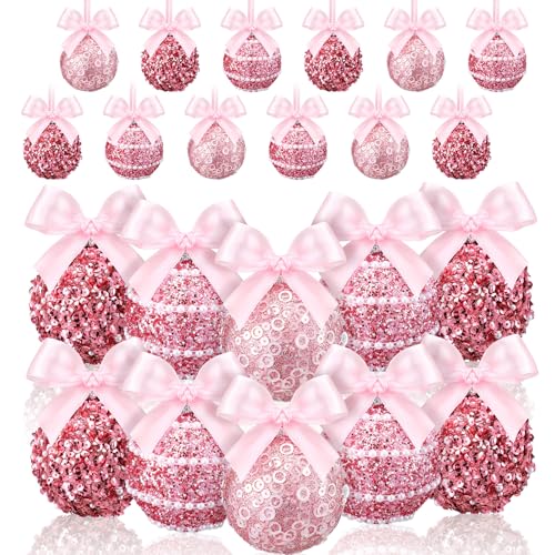 Pink Glitter Christmas Ball Ornaments Set - 12 Pack with Bow - Holiday Decor