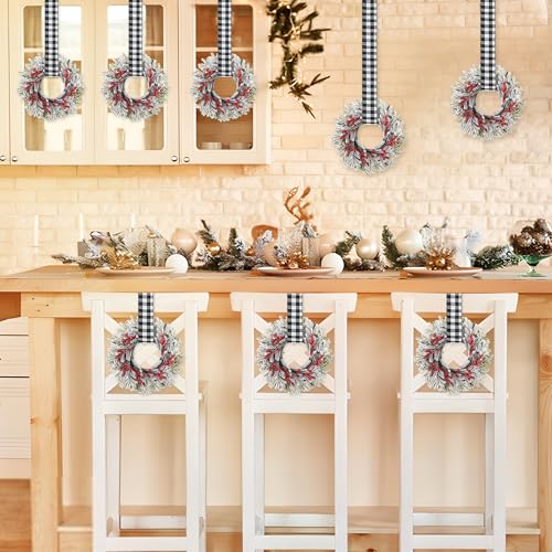 Mini Christmas Wreaths Set with Adjustable Ribbon - White & Black Plaid, 12 Pcs