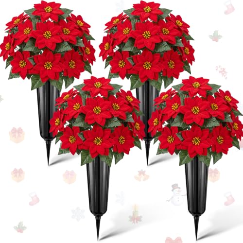 Artificial Christmas Poinsettia Cemetery Flowers Set with Vases - Red, 4 Pack