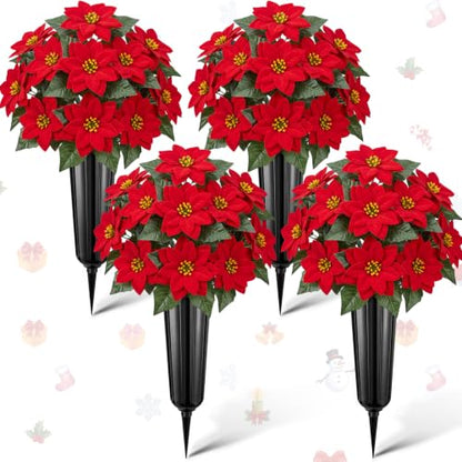 Artificial Christmas Poinsettia Cemetery Flowers Set with Vases - Red, 4 Pack