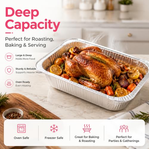 30 Pack 9x13 Aluminum Foil Pans - Heavy Duty Disposable Baking & Roasting Trays - Silver