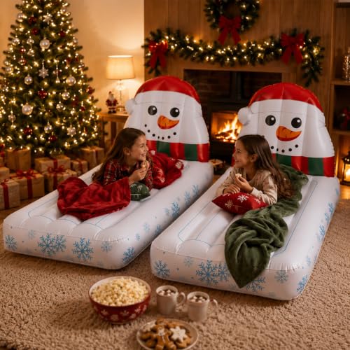 Christmas Snowman Inflatable Mattress Bed Set 2 Pack 71x40 Inch Holiday Sleepover