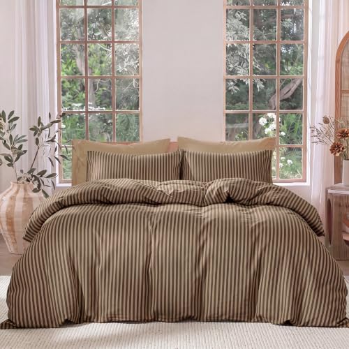 Fine Stripe Brown Duvet Cover Set - King Size 100% Cotton Sateen, 3 Pieces