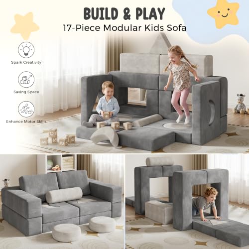Grey Modular Kids Play Couch - 17-Piece Toddler Sofa with Shape Pillows & Window Panels