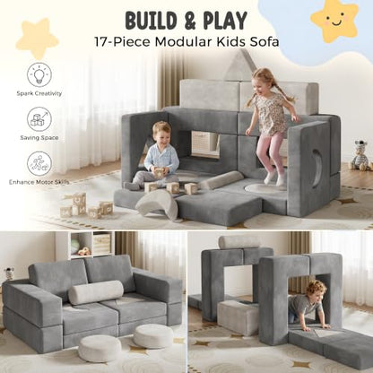 Grey Modular Kids Play Couch - 17-Piece Toddler Sofa with Shape Pillows & Window Panels