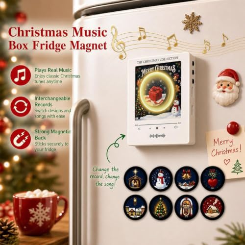 Christmas Vinyl Record Player Fridge Magnets Set - Interactive Holiday Music Decor