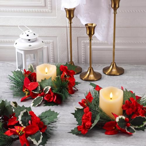 Christmas Candle Rings Set with Red Poinsettia and Pine Decor - 6 Pack