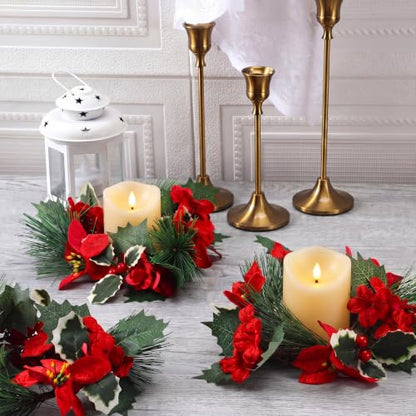Christmas Candle Rings Set with Red Poinsettia and Pine Decor - 6 Pack