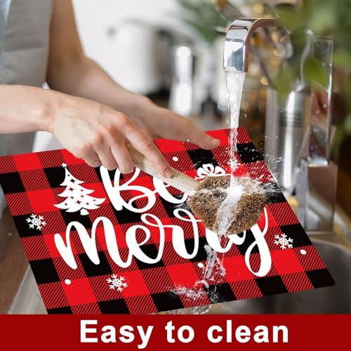 Christmas Placemats Set of 6 Red and Black Plaid Plastic Table Mats - Holiday Table Decor