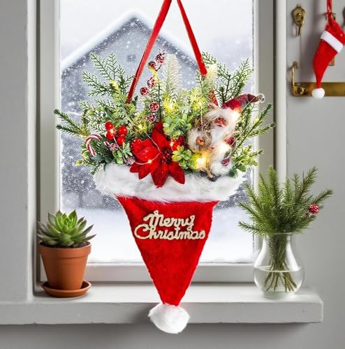 Christmas Wreath with Santa Hat Lights for Front Door & Holiday Decor