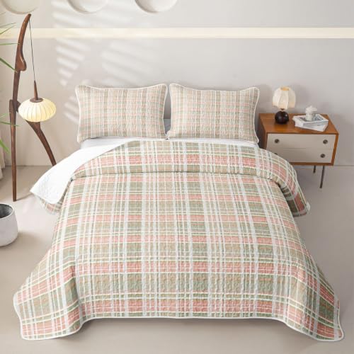 Grey Green Pink Plaid Quilt Set Full Bedding - Geometric Checkered Kids Bedspread