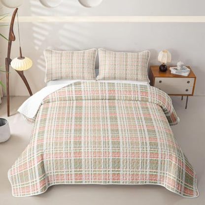 Grey Green Pink Plaid Quilt Set Full Bedding - Geometric Checkered Kids Bedspread