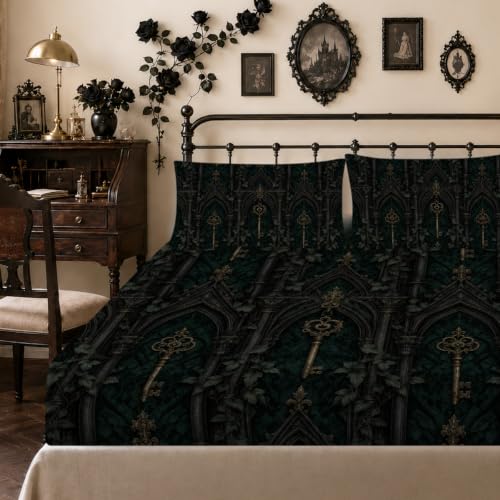 Dark Academia Green Gothic Key Fitted Sheet Set with Pillowcases - King Variation