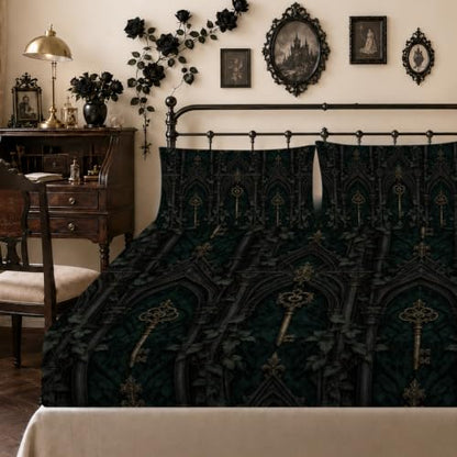 Dark Academia Green Gothic Key Fitted Sheet Set with Pillowcases - King Variation