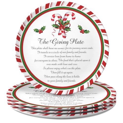 Candy Cane Christmas Giving Plates 4 Pack - 10x10 Inch Holiday Dinnerware