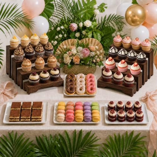 3 Pack Wooden Tiered Risers Display Stand Set for Kitchen, Bakery & Home Organization