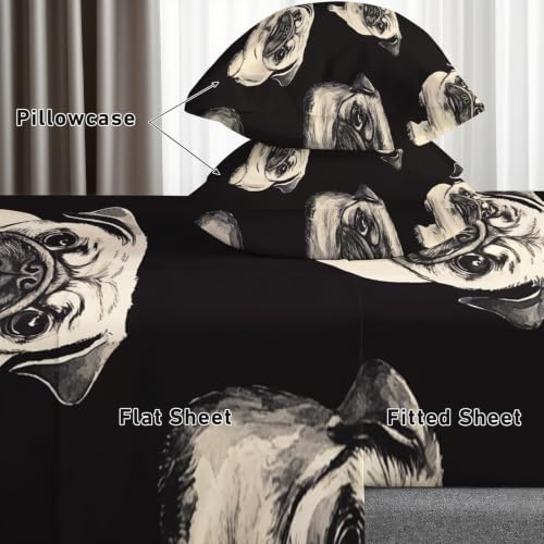 Full Size Pug Dog Pet Bed Sheet Set - Cartoon Microfiber Bedding with Deep Pockets - Black & Beige - 4 Piece