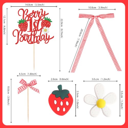 41 pcs Strawberry Cake Decorations Set with Bow & Flower Toppers - Design 19