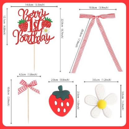 41 pcs Strawberry Cake Decorations Set with Bow & Flower Toppers - Design 19