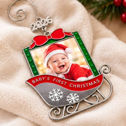 Baby's 1st Christmas Photo Ornament Set of 2 - 2026 Keepsake Sleigh Decorations with Personalizable Photo Slots