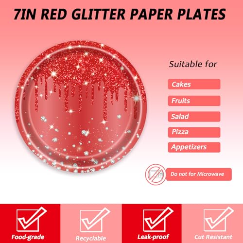 Red Glitter Disposable Paper Plates Set for Parties - 7 Inch, 72 Pcs with Napkins & Forks