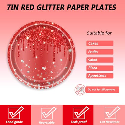Red Glitter Disposable Paper Plates Set for Parties - 7 Inch, 72 Pcs with Napkins & Forks