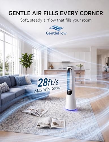 White 38-Inch Bladeless Tower Fan with 5-Color Night Light, 20 Speeds & Remote