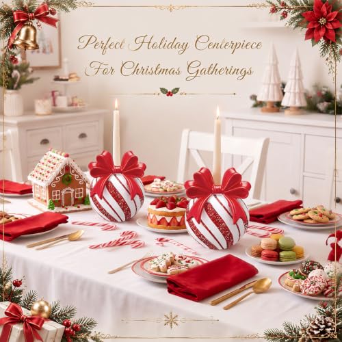 Christmas Bow Candy Ball Candle Holders - Set of 2 Red White Resin Holiday Decor