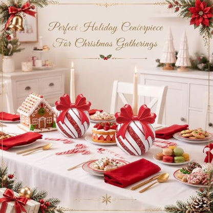Christmas Bow Candy Ball Candle Holders - Set of 2 Red White Resin Holiday Decor