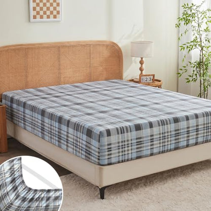 Deep Pocket King Fitted Sheet - Blue Gray Plaid, Fits 18 Inch Mattresses
