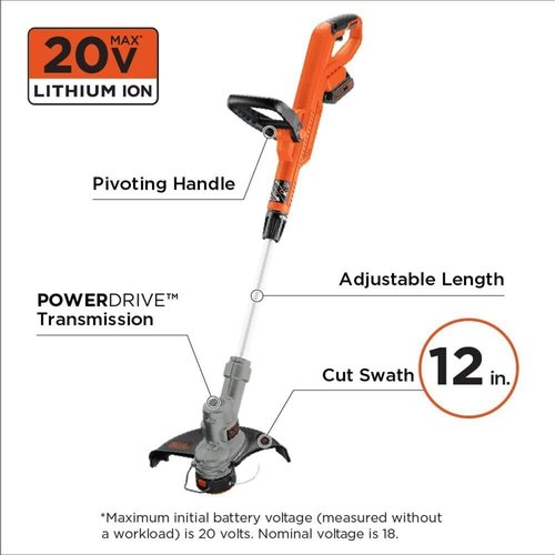 BLACK+DECKER 20V MAX Cordless String Trimmer & Edger - 2-in-1 with Auto Spool Feed, 12-Inch Steel Deck