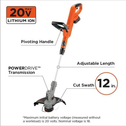 BLACK+DECKER 20V MAX Cordless String Trimmer & Edger - 2-in-1 with Auto Spool Feed, 12-Inch Steel Deck