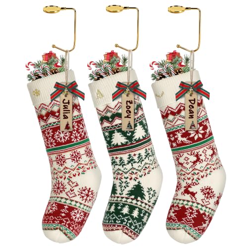 Knit Christmas Stockings Set with Holders & Xmas Patterns - 3 Pack, 18 Inch, Red & Green