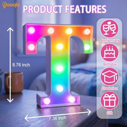 Smart Color Changing LED Letter T - RGB USB Powered Marquee Sign with App & Remote
