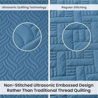 King Size Quilt Set - Wave Pattern Misty Blue 106x96 Inch Bedspread & Shams