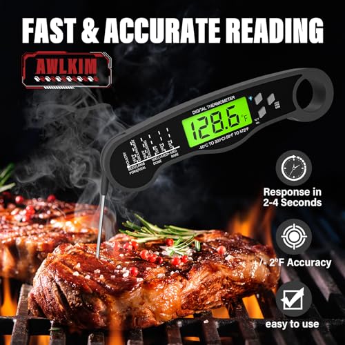 AWLKIM Instant Read Meat Thermometer for Grill and Cooking, Waterproof Fast Food Thermometer with Backlight, Digital Food Probe for Kitchen Cooking, Candy Making, Outside Grill - Grey