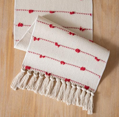 Caflife Christmas Table Runner 13x90 Inch Red and Beige Cotton with Tassels - Farmhouse Holiday Decor