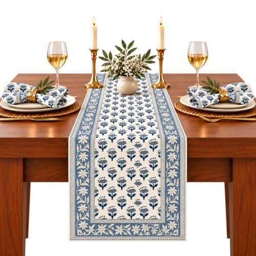 Apatite Blue Block Print Cotton Table Runner 16x106 Inch - Handcrafted