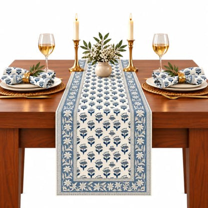 Apatite Blue Block Print Cotton Table Runner 16x106 Inch - Handcrafted